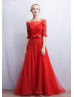 Off Shoulder Beaded Red Lace Tulle Charming Evening Dress